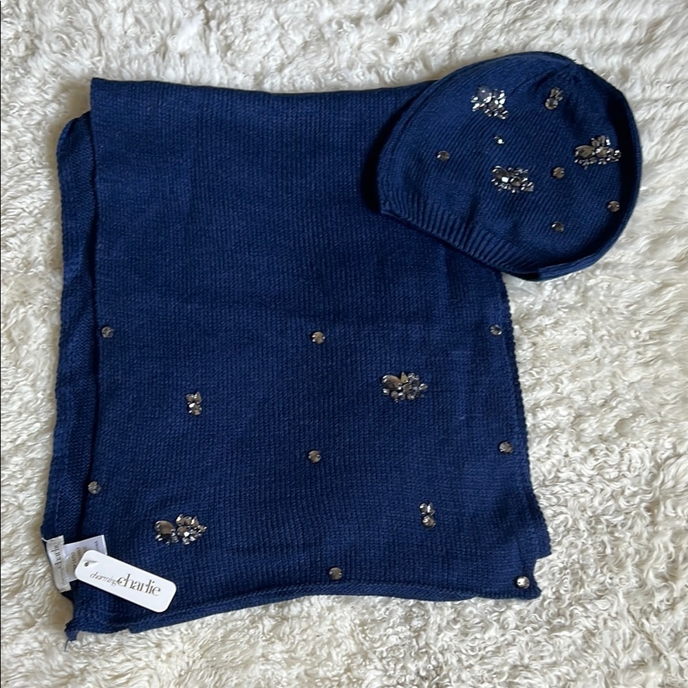 NWT - Charming Charlie Blue Knit Hat and Scarf with Sparkly Embellishments